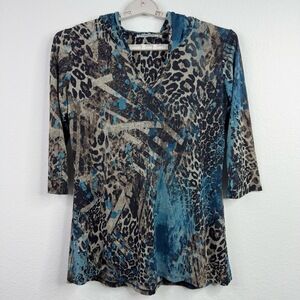 Mesmerize Shirt Women M Animal Print Patchwork Hooded 3/4 Sleeve Dark Art‎ Tunic